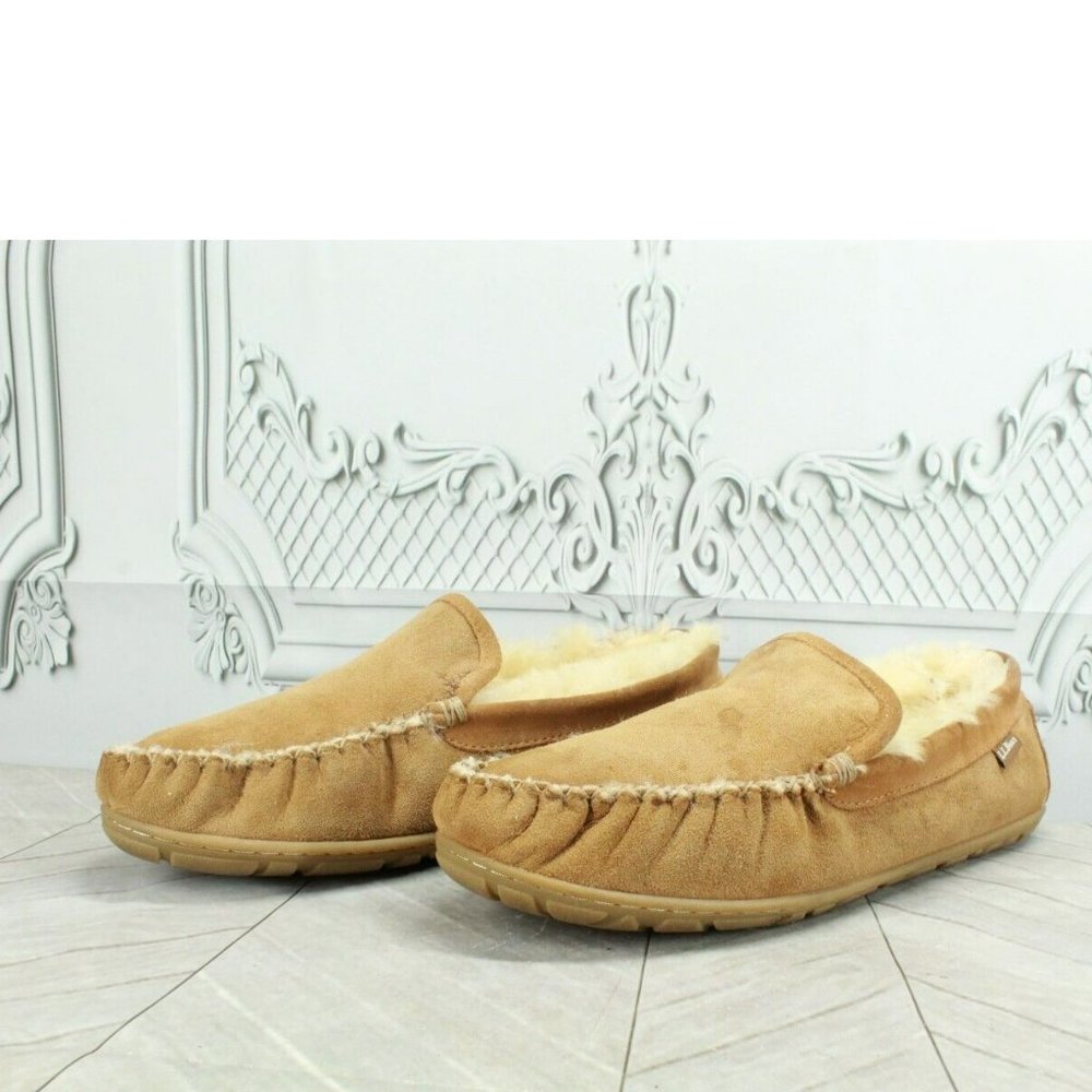 LL Bean Brown Suede Wicked Good Shearling Lined Moccasin Slippers 12 M - Picture 2 of 10